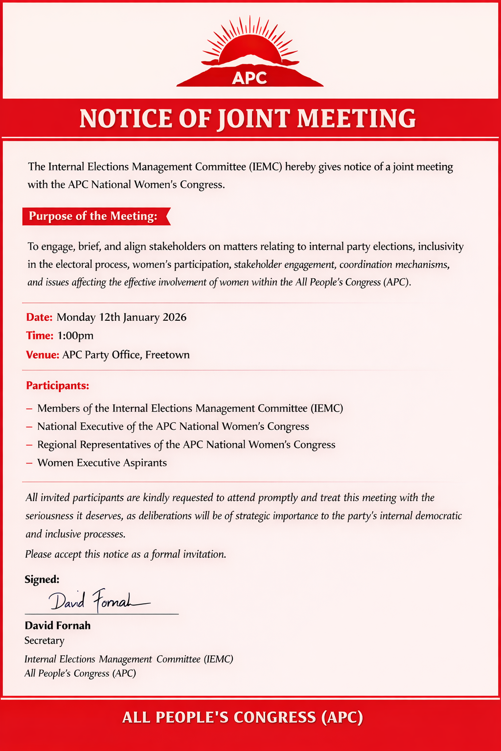 NOTICE OF JOINT MEETING BETWEEN IEMC AND APC NATIONAL WOMEN'S CONGRESS