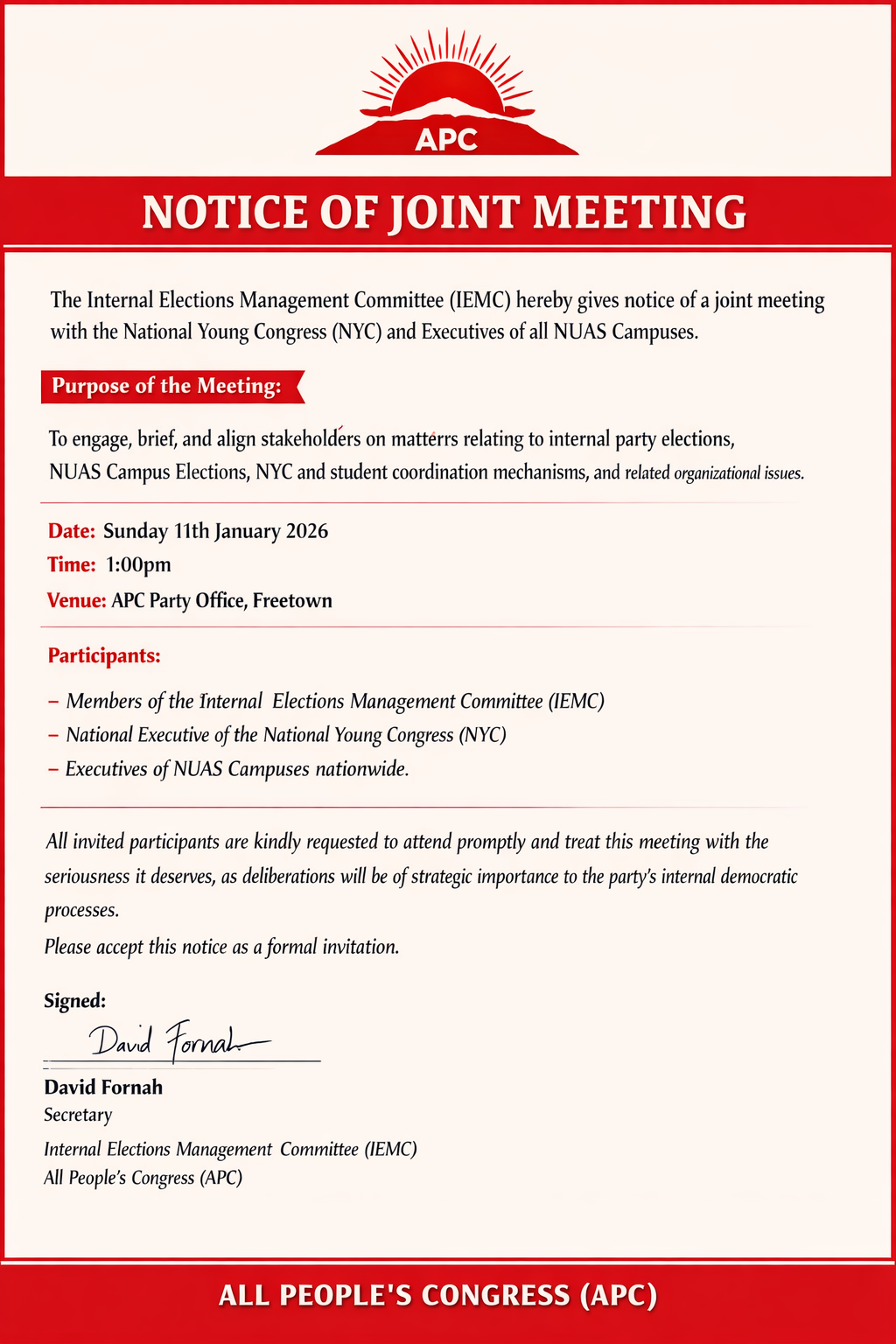 NOTICE OF JOINT MEETING