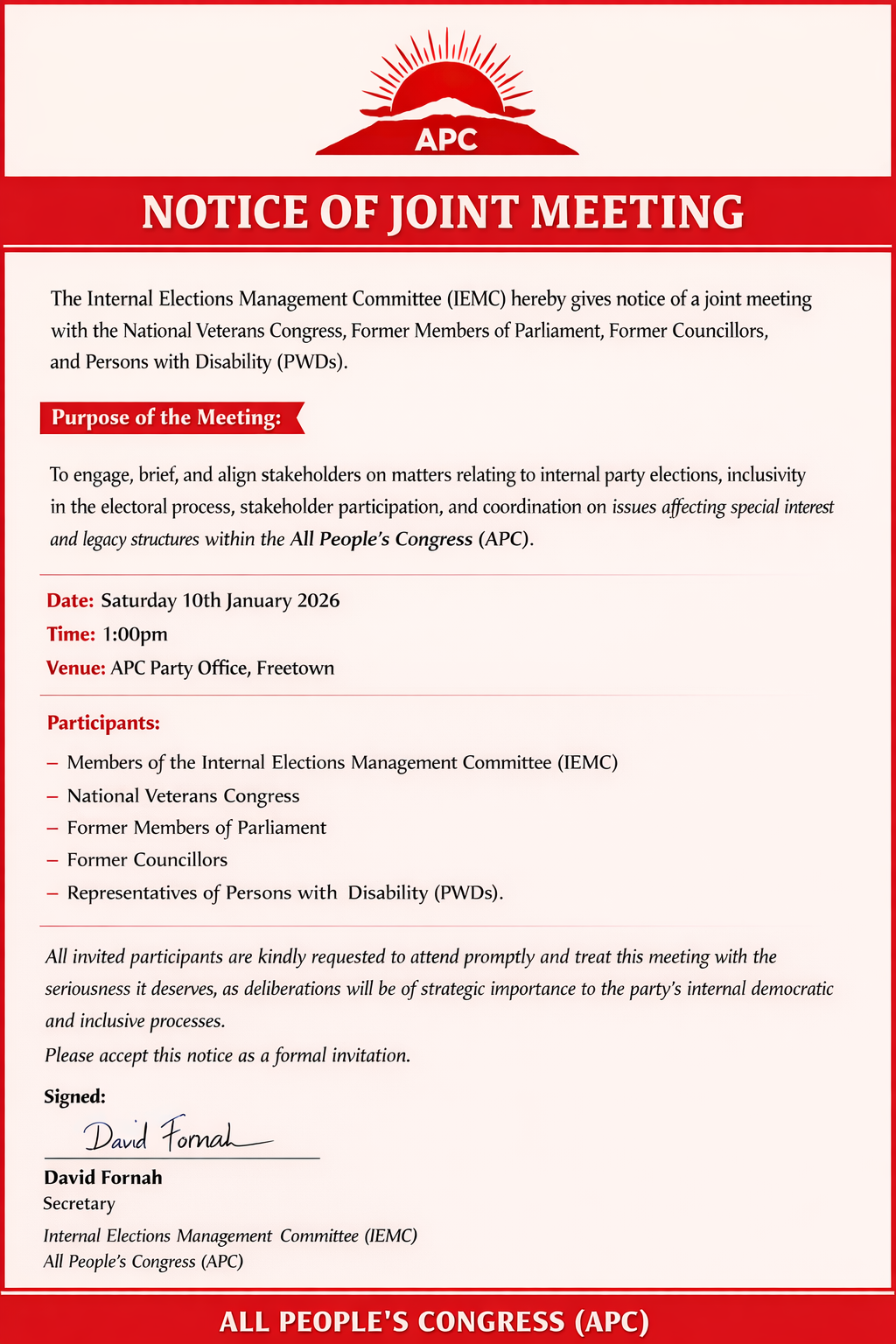 NOTICE OF JOINT MEETING BETWEEN IEMC AND APC VETERANS